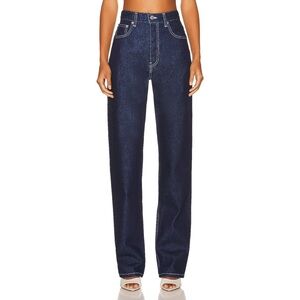 EB Denim High Rise Straight Jeans in Midnight Indigo Blue White Contrast Stitch